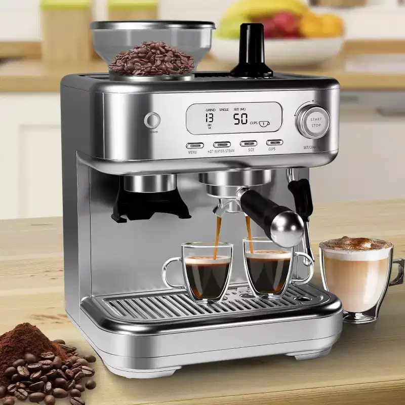 Espresso Coffee Maker, 15 Bar Professional Espresso Coffee Maker with Built-in Grinder, Display, Self-Clean Latte Machines, for Office