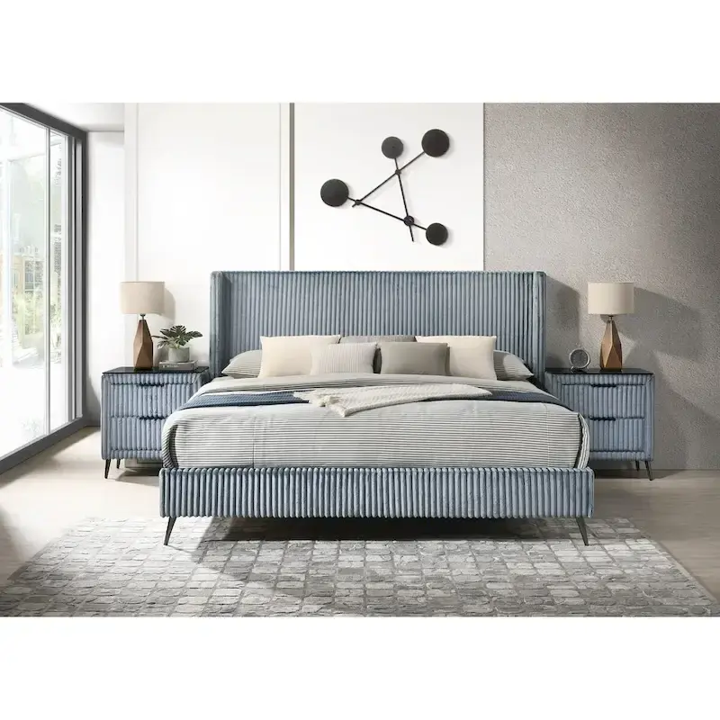 Roundhill Furniture Mavela Wide Wale Corduroy Upholstery Bed with 2 Nightstands, Blue