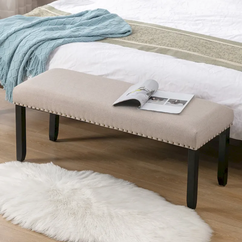 Modern 44 L Nailhead Trim Upholstered Bench with Wood Legs