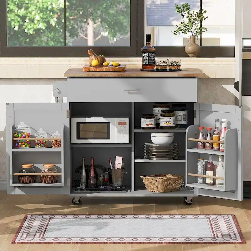 39.00 W Modern Rubberwood Top Kitchen Cart with Storage and Towel Racks
