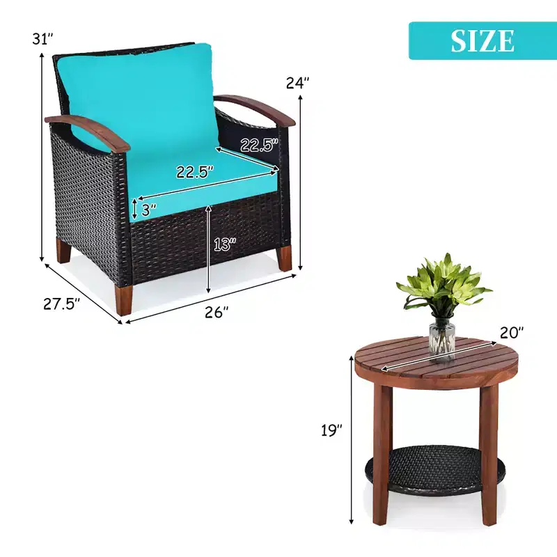 Costway 3PCS Patio Rattan Furniture Set Wooden Frame Cushion Table Shelf Red\Beige\Blue