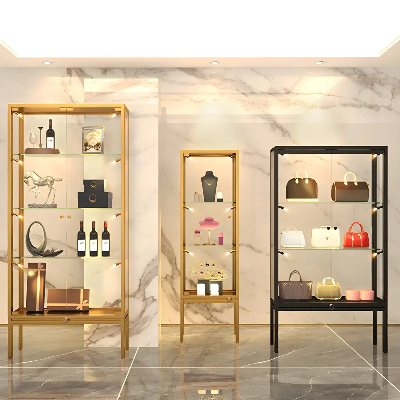 Glam Clear Glass Shelf Black Metal Frame Curio Cabinet