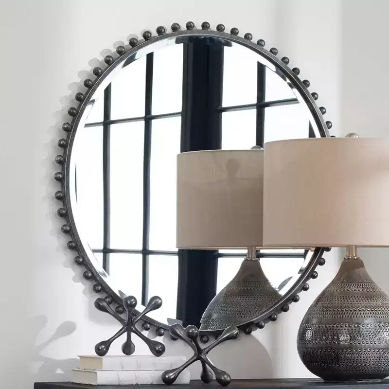Uttermost Round Vanity Accent Wall Mirror Industrial Beveled Distressed Black Gray Glaze Iron Frame 32 Wide for Bathroom Bedroom