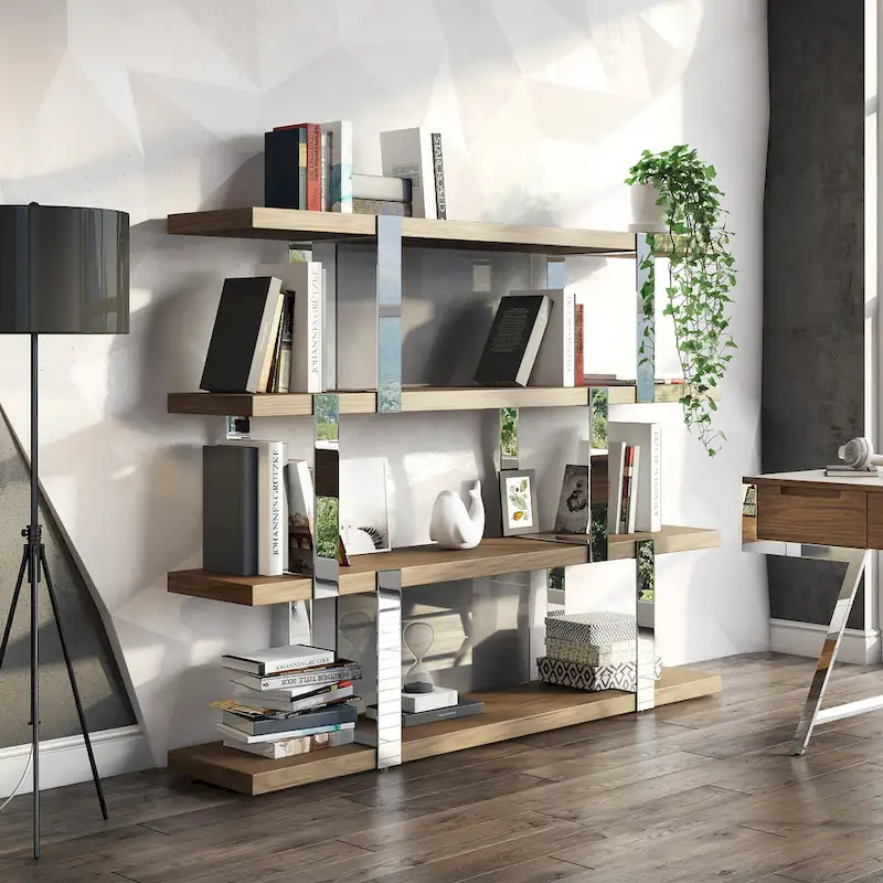 Brewer Modern Walnut Glass & Stainless Steel Bookshelf