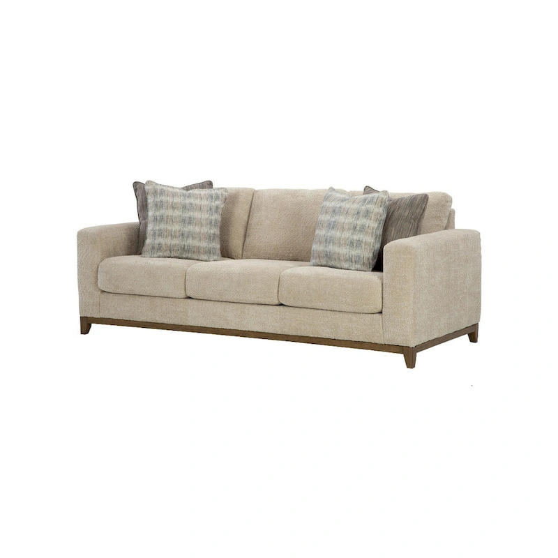 Klyn 93 Inch Sofa, 4 Accent Pillows, Faux Wood Feet, Beige Polyester