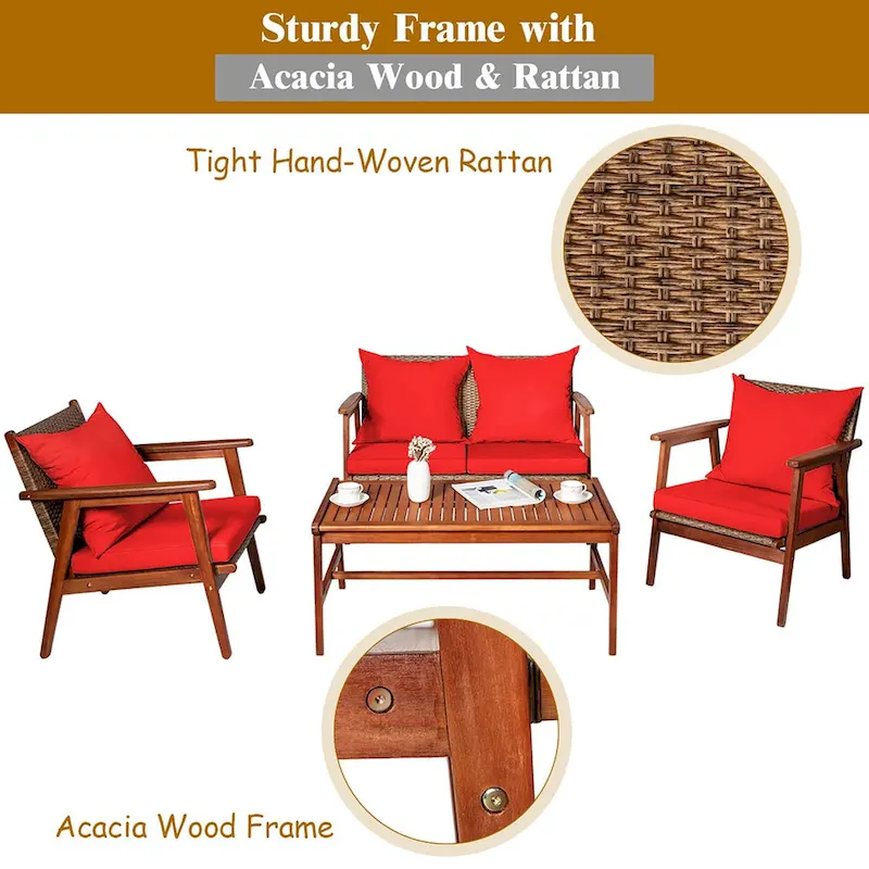 Costway 8PCS Patio Rattan Furniture Set Acacia Wood Frame Cushioned