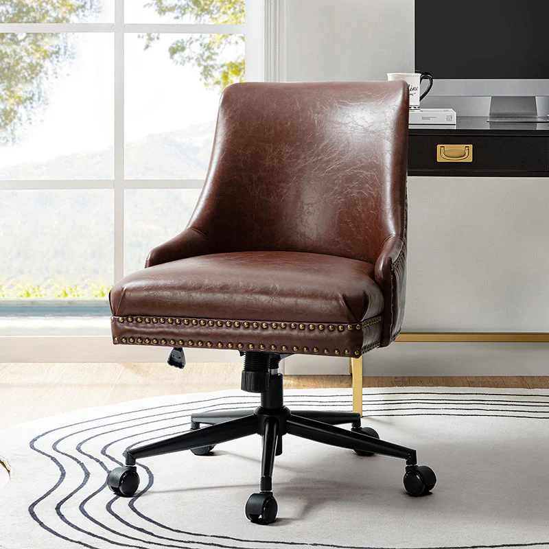 Vegan Leather Armless Swivel Office Chair with Foam Fill & Black Metal Base | Brown / Black | Single Seat