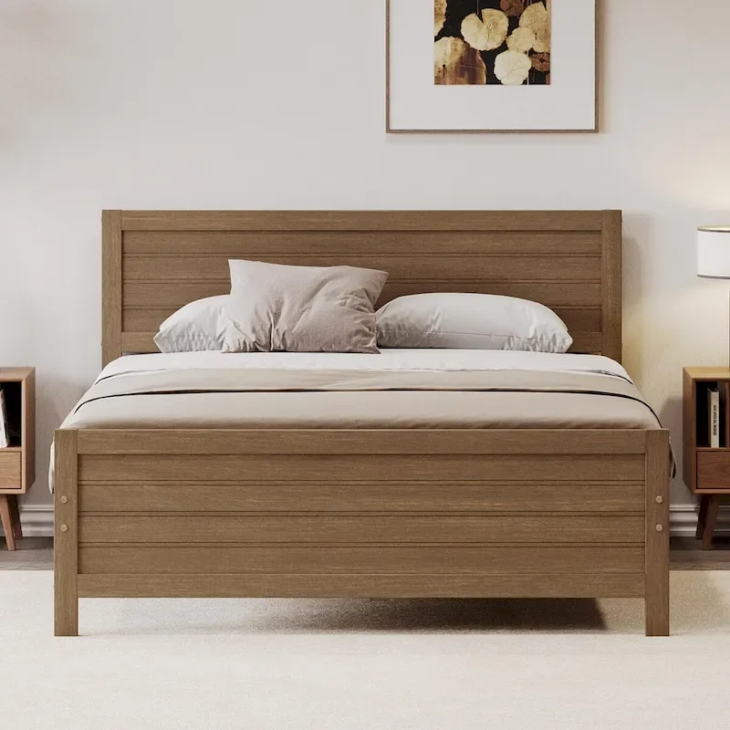 Wood Platform Bed Frame with Headboard and Wood Slat Support