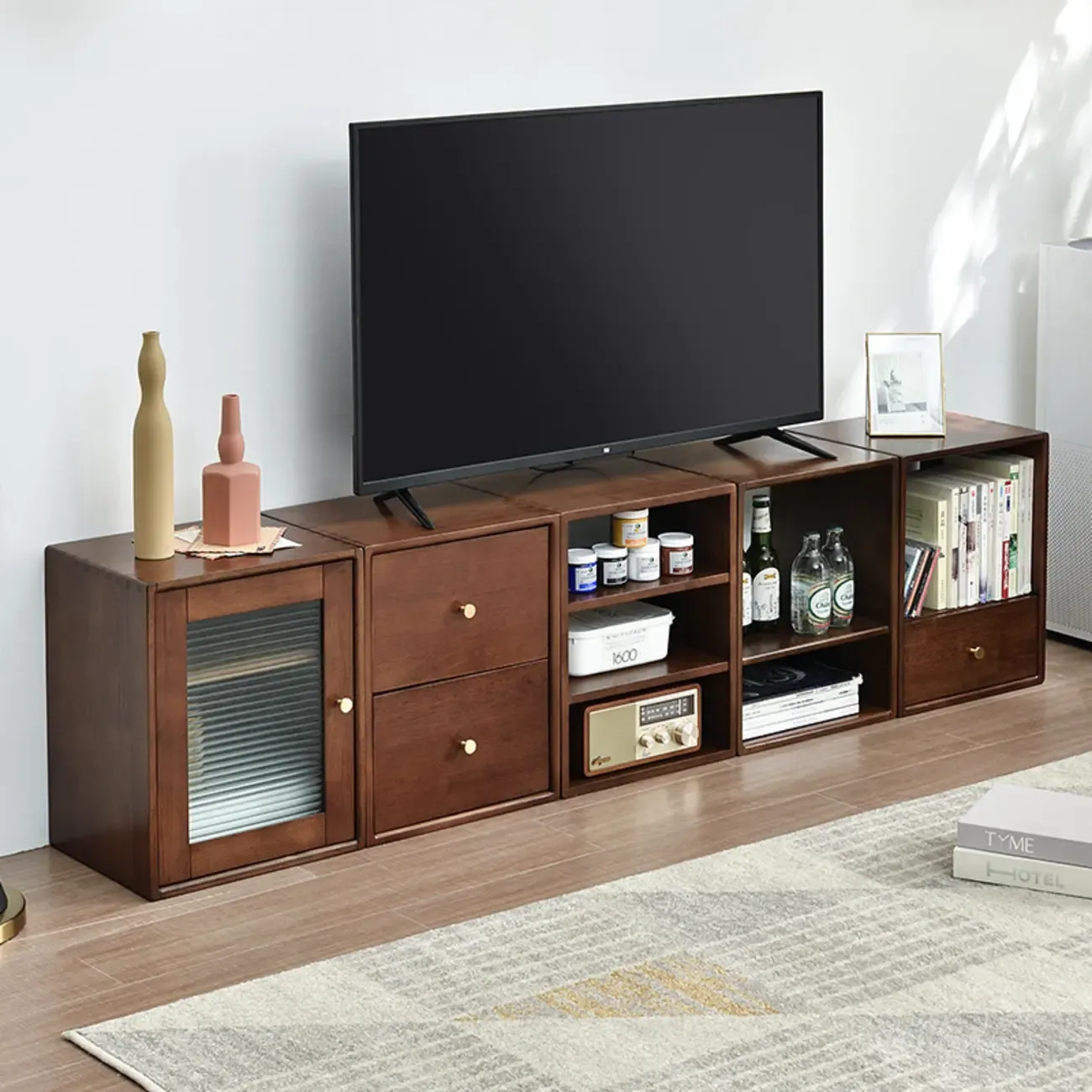 Narrow Modern Wood Brown Vertical Bookcase with Drawers