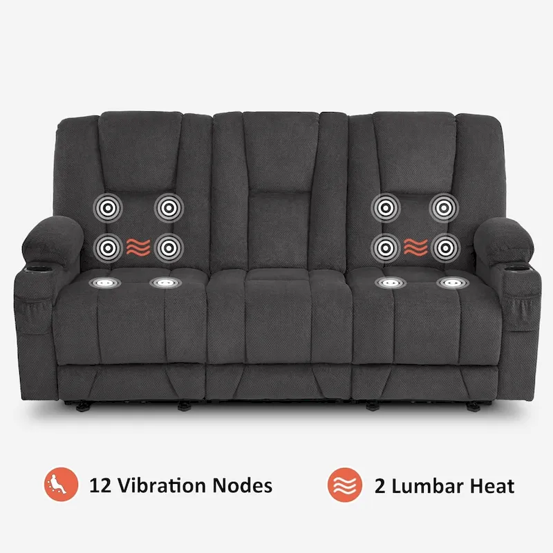 Electric Power Reclining Sofa with Massage and Lumbar Heat, Fabric