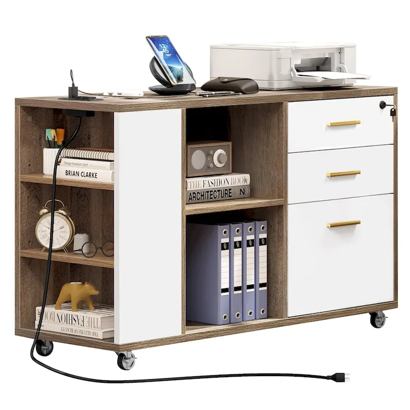 Brown Mobile Wood Lateral File Cabinet with Charging Station & Lock