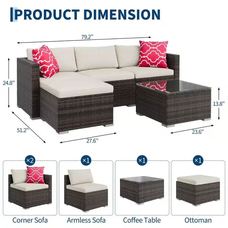 5-Piece Outdoor PE Rattan Patio Sectional Sofa Chair Set,All-Weather Weatherproof with Glass Coffee Table&Washable Cushion for Backyard Deck Poolside