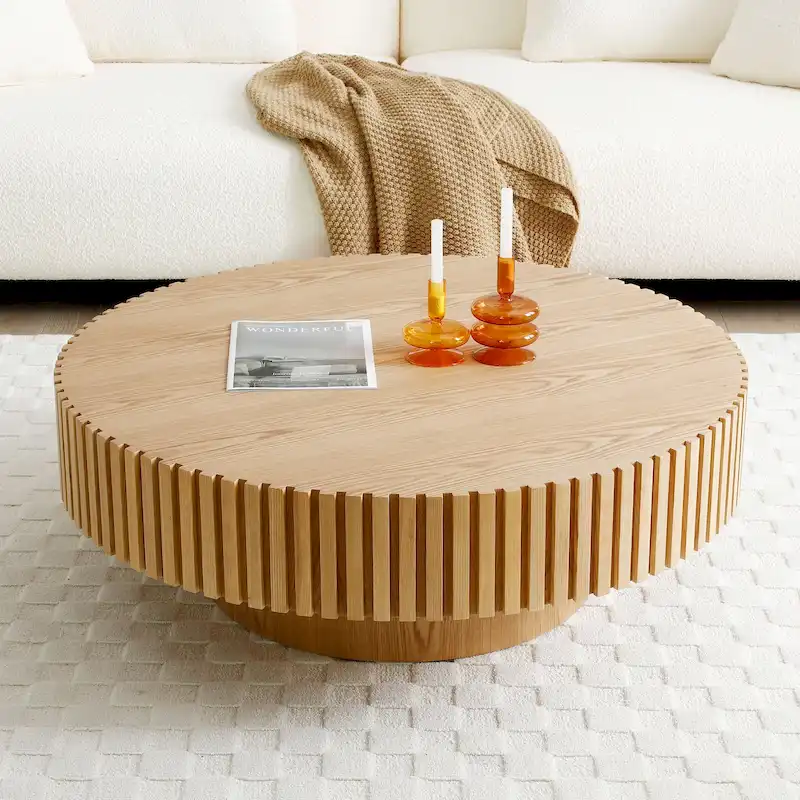 Modern Contemporary Black Walnut Round Coffee Table Coffee Table with Sturdy Pedestal No Assembled