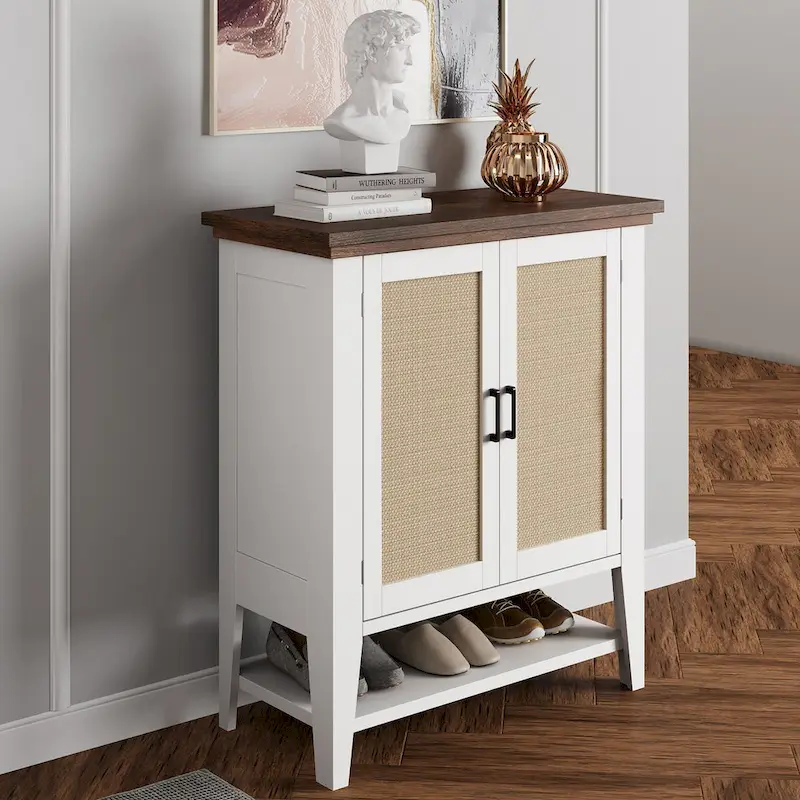 Natural/White Rattan Storage Cabinet with Doors & Shelves, 2-Door