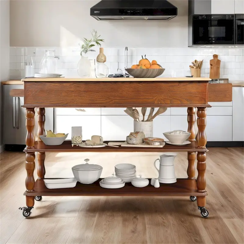 Rolling OAK Wood Top Kitchen Cart with Wine Rack and 2 Drawers