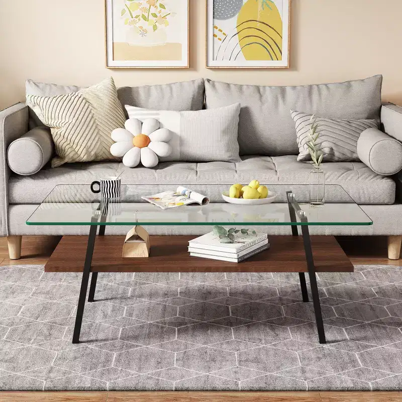 Rectangle Coffee Table, Tempered Glass Tabletop with Gold Metal Legs, Modern Table for Living Room , Transparent Glass