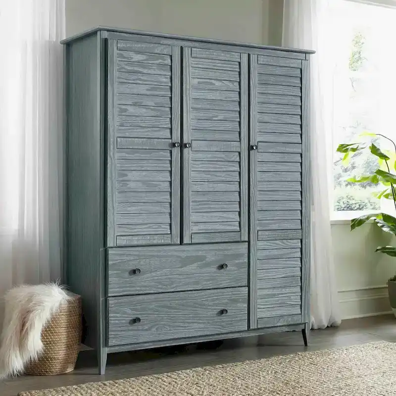 Solid Pine Wood 3-Door Armoire with 2 Drawers, Hanging Rod & Adjustable Shelves – Brushed White, Grey or Driftwood