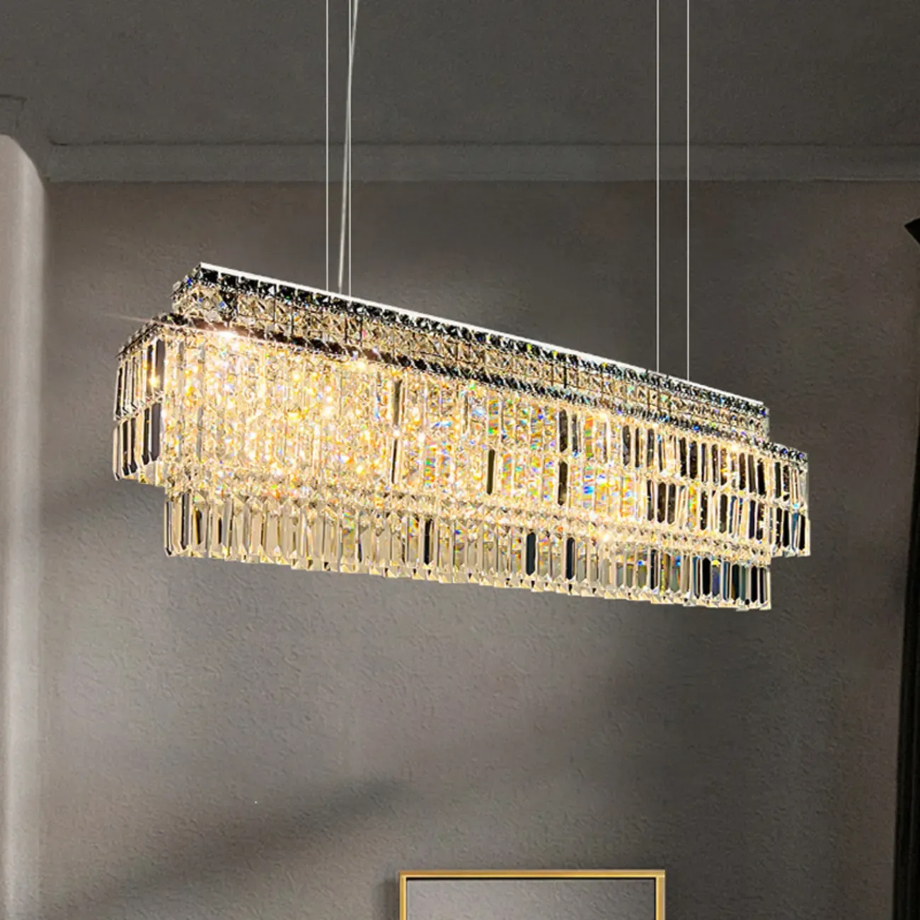 Modern Rectangle 2-Tier Crystal Island Pendant Light for Kitchen