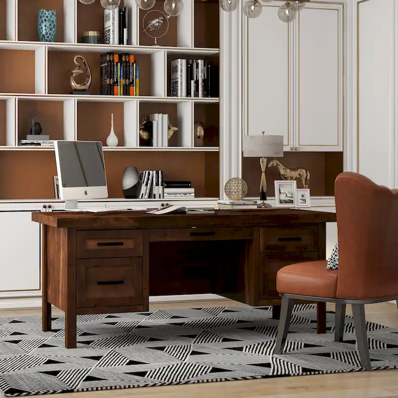 71-inch Knotty Alder Executive Desk with File Drawer - Whiskey Finish