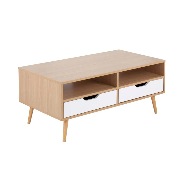 Natural & White Wood Coffee Table with Drawers — 2-Person