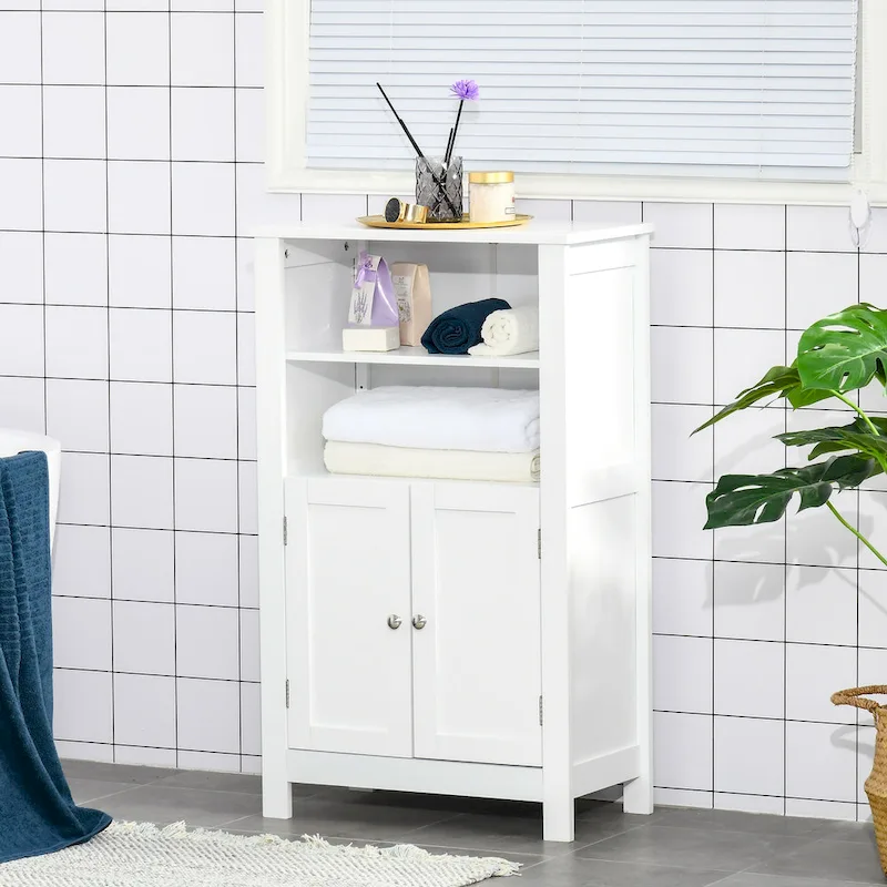 White Bathroom Storage Cabinet with Double Doors and 2 Adjustable Shelves - MDF