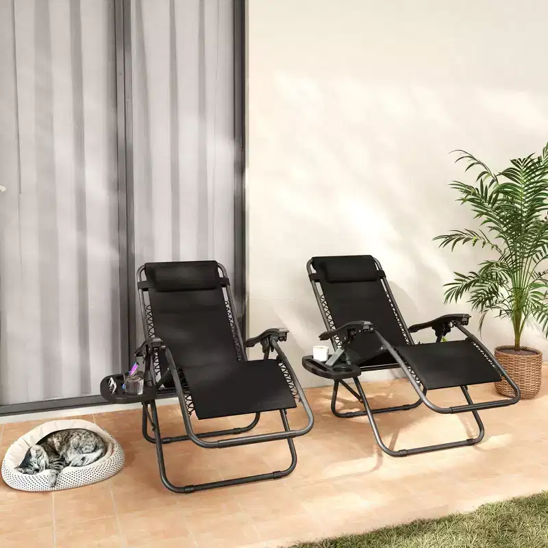 Zero Gravity Lounge Chair Set, 2 Pieces Reclining Folding Outdoor Lounge Chairs with Headrest Side Tray