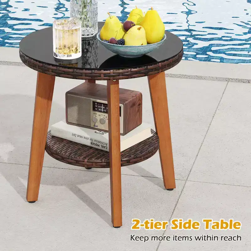 Costway 3 PCS Patio PE Wicker Furniture Set with Solid Acacia Wood Frame & Cushions