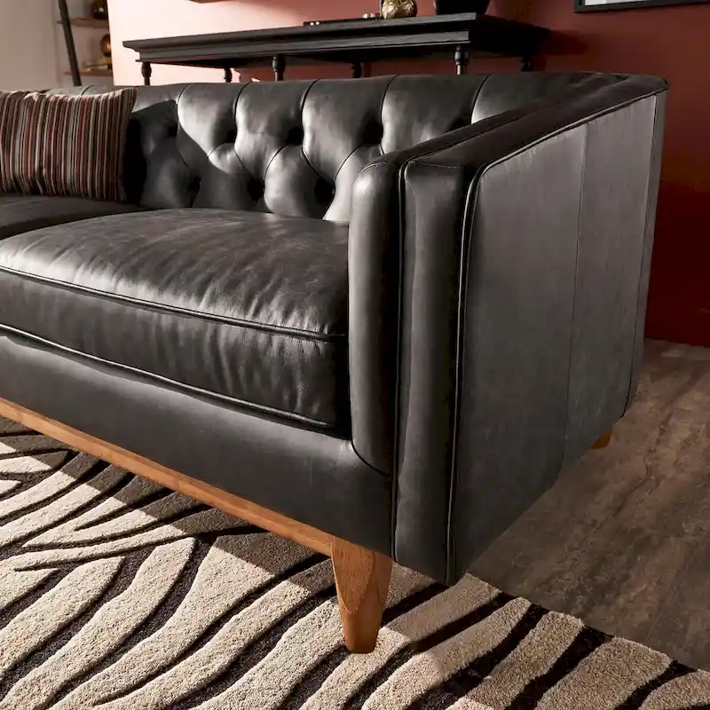 Black Leather Button Tufted Loveseat