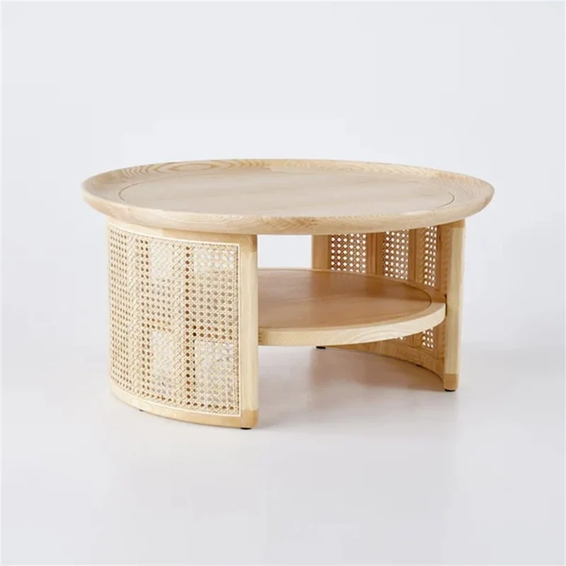 2-Tiered Round Wood Coffee Table with Rattan Base