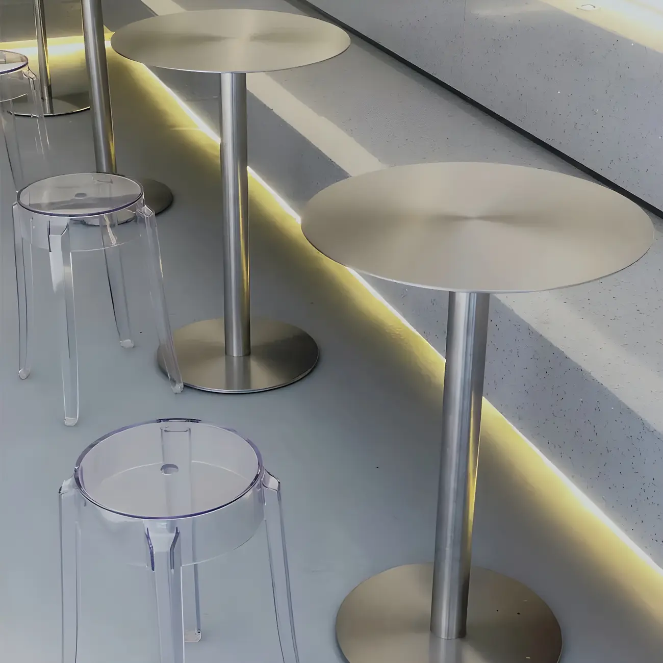 Industrial Silver Metal Pedestal Round Bar Tables