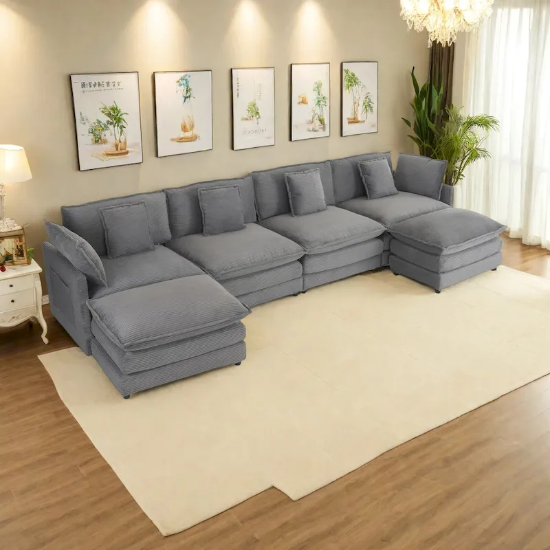 6-Piece Corduroy Modular Sectional Sofa with Side Storage Pockets