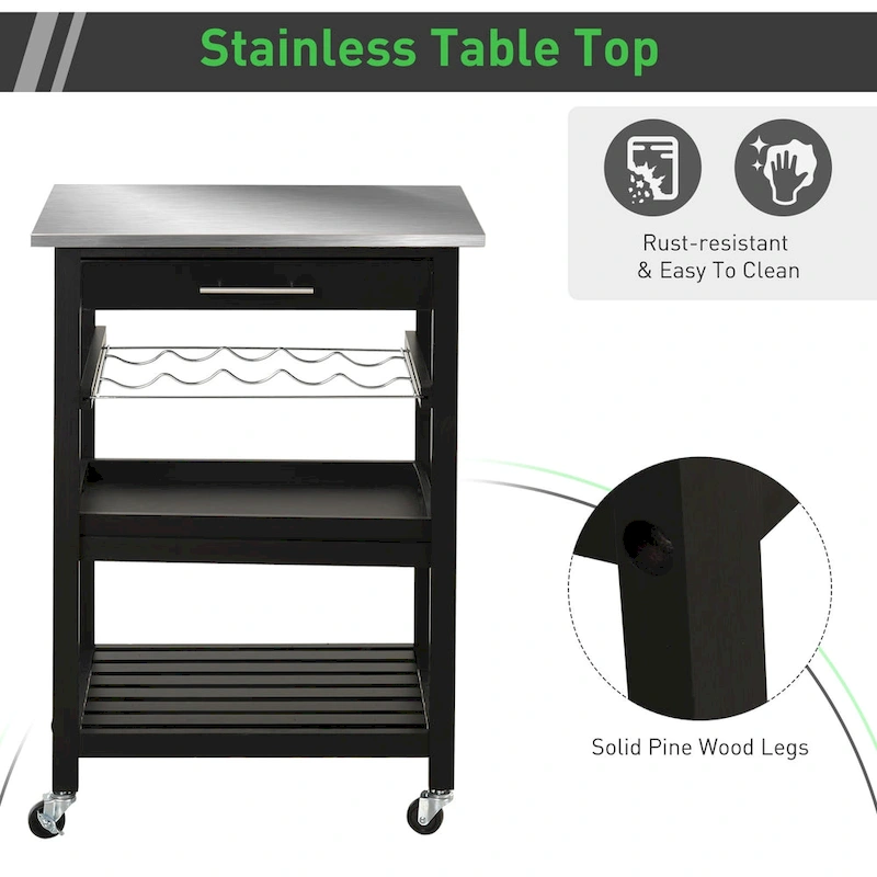 HOMCOM Kitchen island Cart Rolling Trolley Utility Serving Cart with Stainless Steel Tabletop, Wine Rack & Drawer