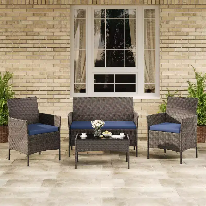 4-Piece Patio Furniture Set, Rattan Outdoor Sofa with 2 Chairs & Coffee Table, Modern Bistro Set for Garden & Backyard