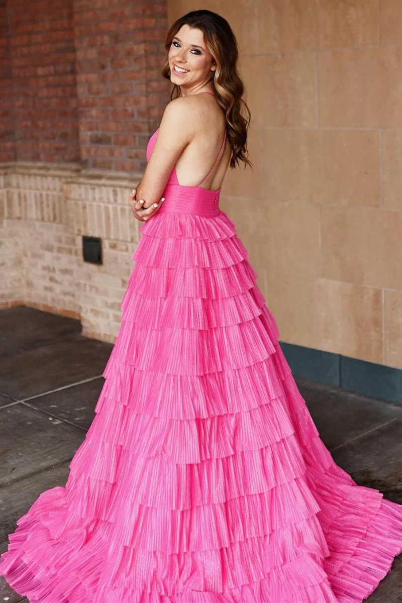 Pleated Fuchsia Straps Ruffle Layered Formal Dress