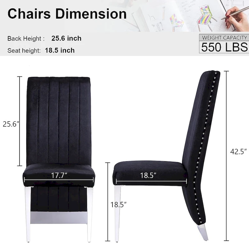 Modern Channel High Back Dining Chairs with Nailhead Trims and Polished Metal Legs