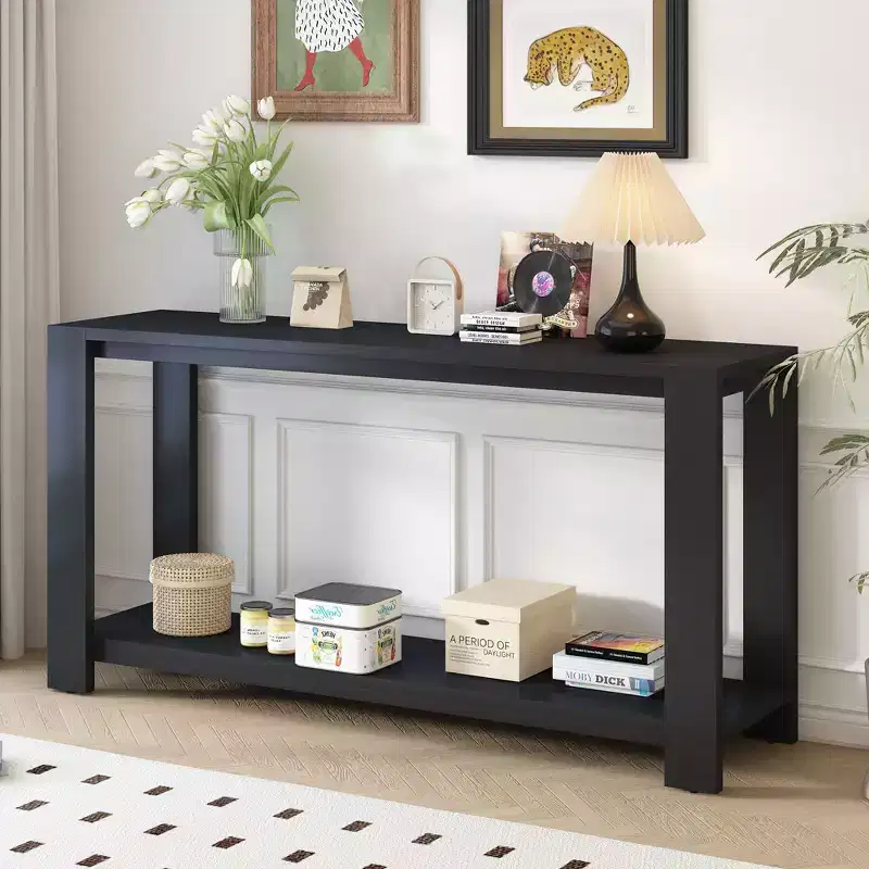 Okak Minimalist Long Console Table with Large Bottom Shelf, Entryway Table with 4 Wide Legs, Accent Table for Living Room, Hallway, Black