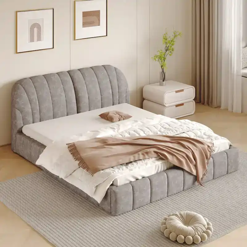 Modern Queen Size Upholstered Bed with Thick Fabric