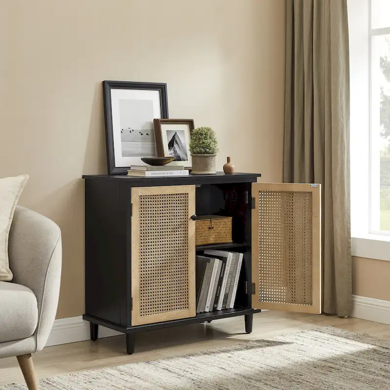 Natural Bamboo / Walnut Woven Rattan Accent Cabinet with Sliding or Standard Doors – Single Unit