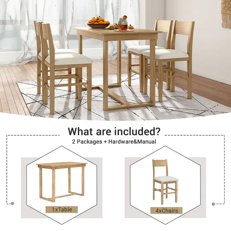 Brown Farmhouse 5-Piece Counter Height Dining Table Set with 4 Chairs