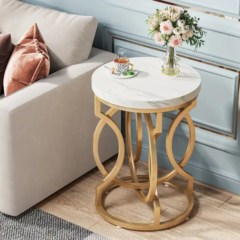 Gold End Table, Round Side Table with Faux Marble Top