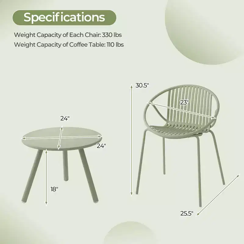 Costway 3 Pieces Bistro Set All Weather PP Patio Conversation Set with Round Coffee table Gray/Green