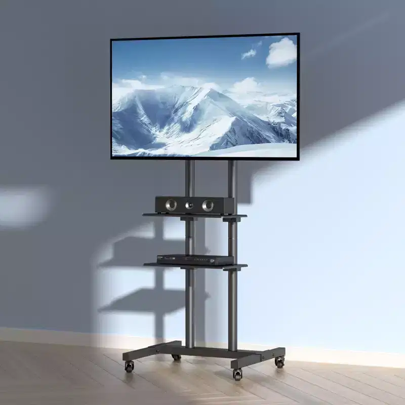 VEVOR Mobile TV Stand, Mobile TV Cart for 32 to 70 inch TVs, Height Adjustable Portable TV Stand with Wheels, Double Tray for Audio-Visual Devices