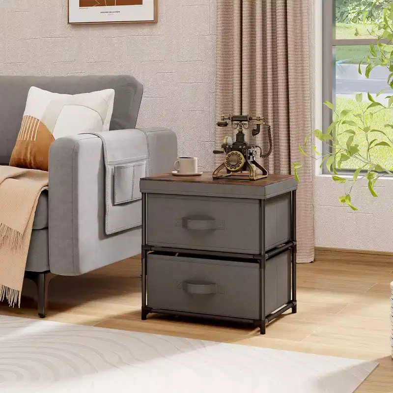 Costway 2 Drawer Dresser Fabric Storage Organizer Nightstand Bedside Sofa Table Grey & Rustic Brown