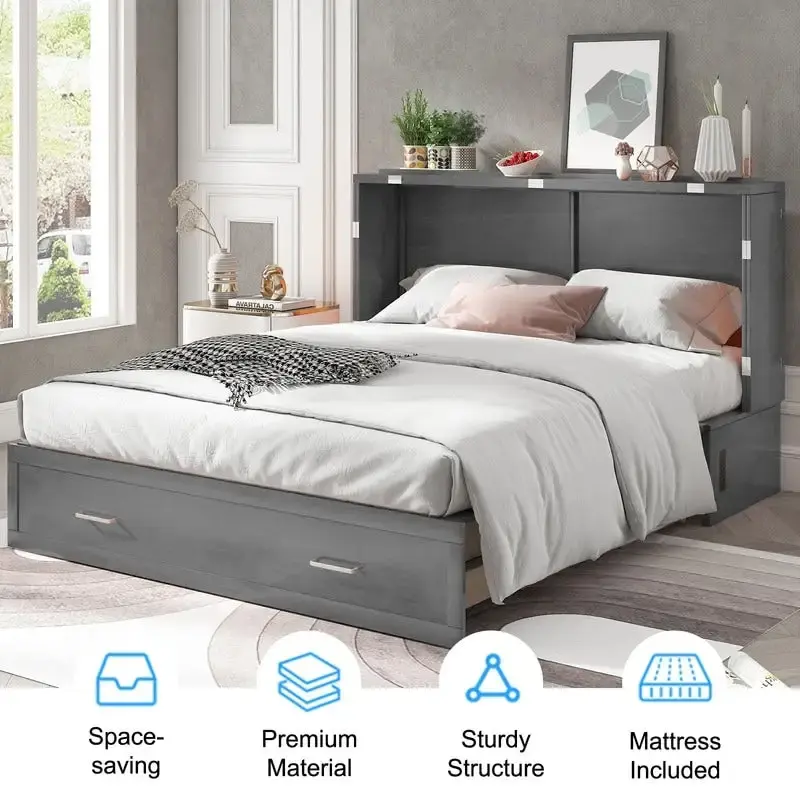 Mixoy Murphy Bed Cabinet Bed Chest with Mattress & Drawer