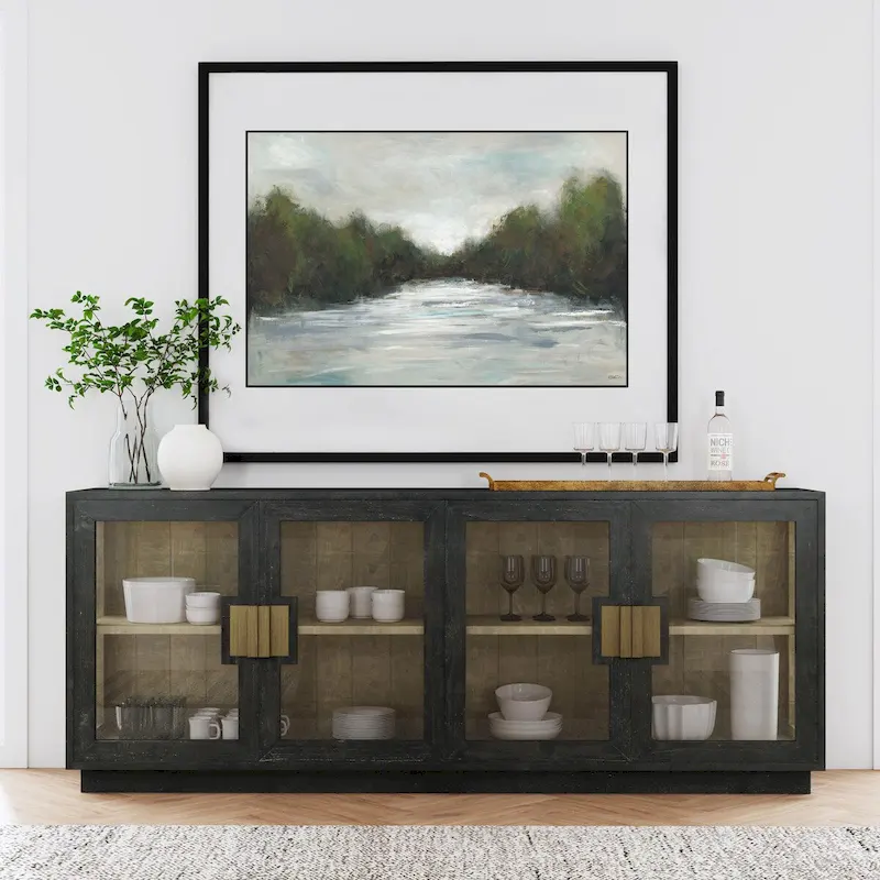 Black / Whitewash Reclaimed Pine 4-Door Glass Sideboard with Oversized Metal Handles and Adjustable Shelves