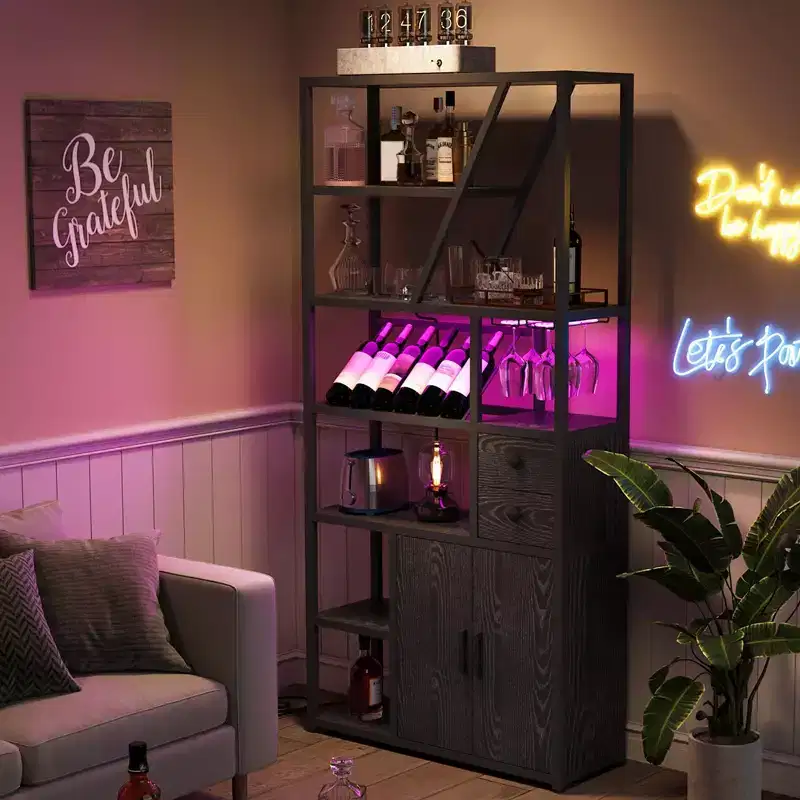 DobleePy Industrial Wine Bar Cabinet with Storage, Adjustable Shelves, Iron Frame, Sideboard Home Bar, for Kitchen, Dining, Black