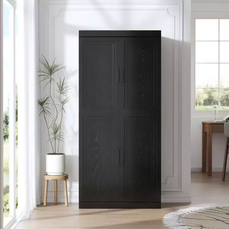 67 Black Wood Grain 6-Story Decorative Storage Cabinet with Wicker Door