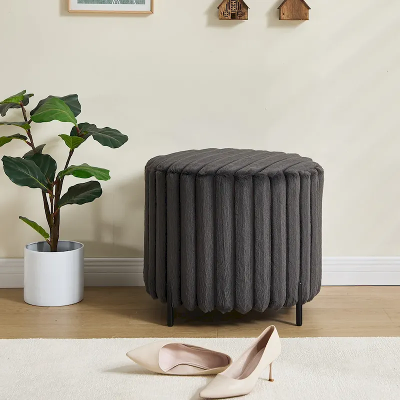 22.05Wide Upholstered Round Pouf Ottoman Foot Rest with Black Metal Legs