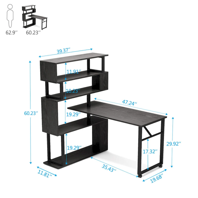L-Shaped Rotating Computer Desk with Bookshelf