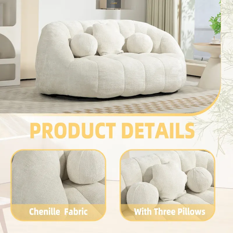 White 63.78 Chenille Lounge Chair with Foam Filling and Pillows